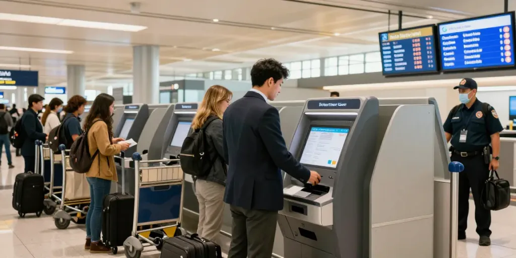 Traveler finding out here their TSA PreCheck Known Traveler Number at an airport kiosk.