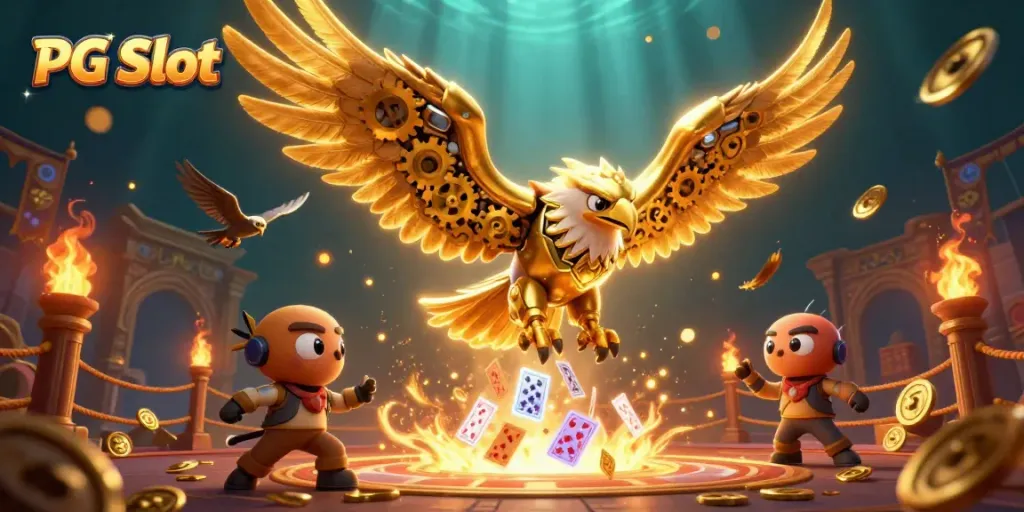 Experience thrilling PG Slot action with a cybernetic eagle amidst dynamic casino elements.