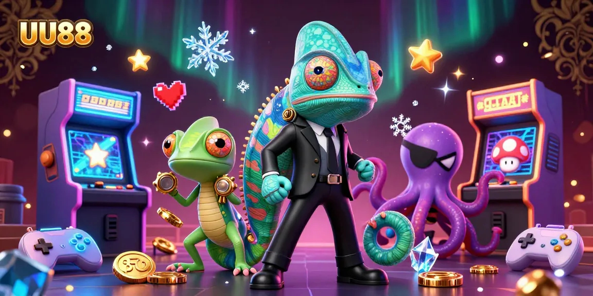 Experience UU88's vibrant gaming universe with a colorful chameleon and gadget-savvy gecko.