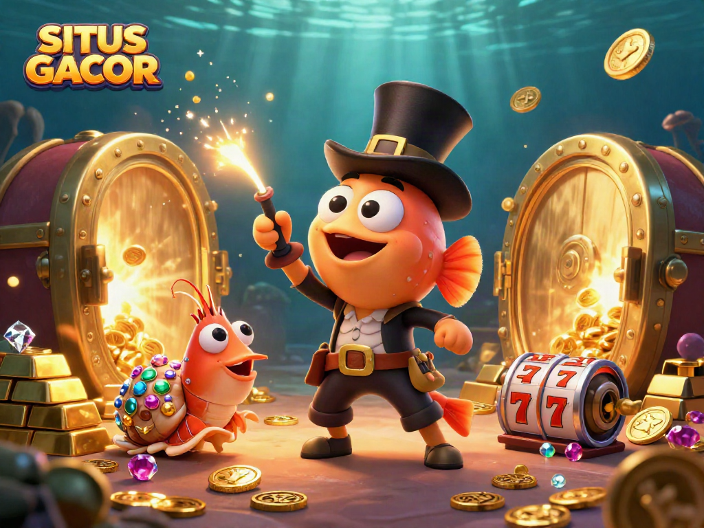 Spin and win at SITUS GACOR with glittering coins and treasure in this vibrant casino underwater scene.