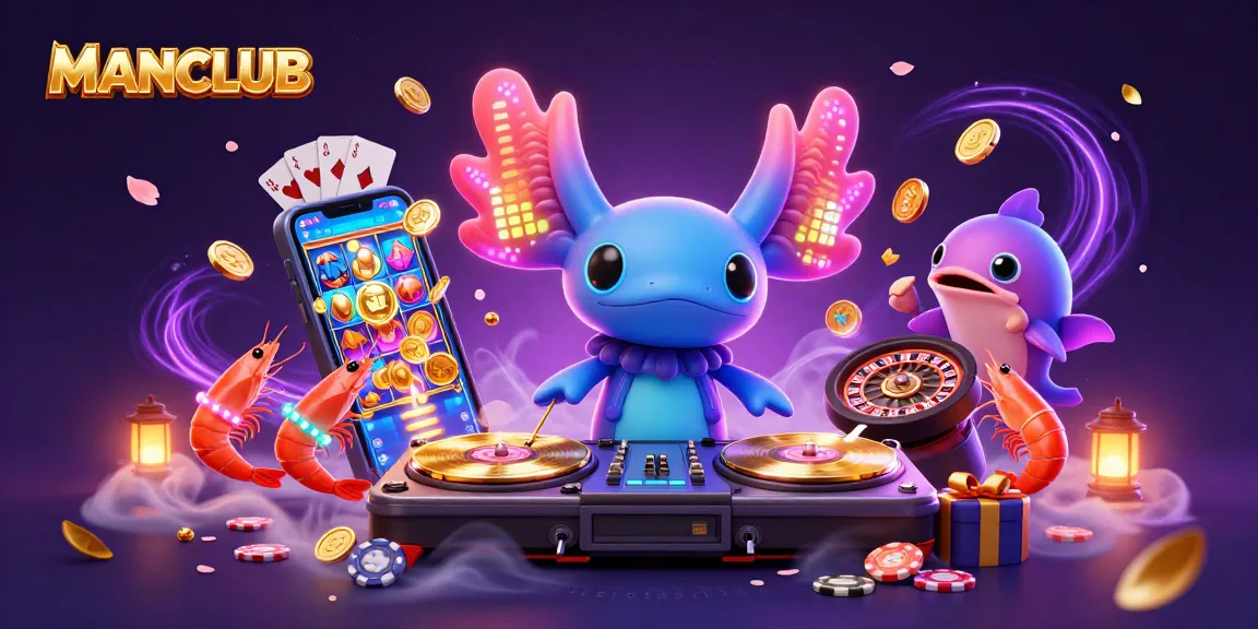 MANCLUB presents a vibrant casino scene with a dynamic axolotl DJ spinning colorful slot games.