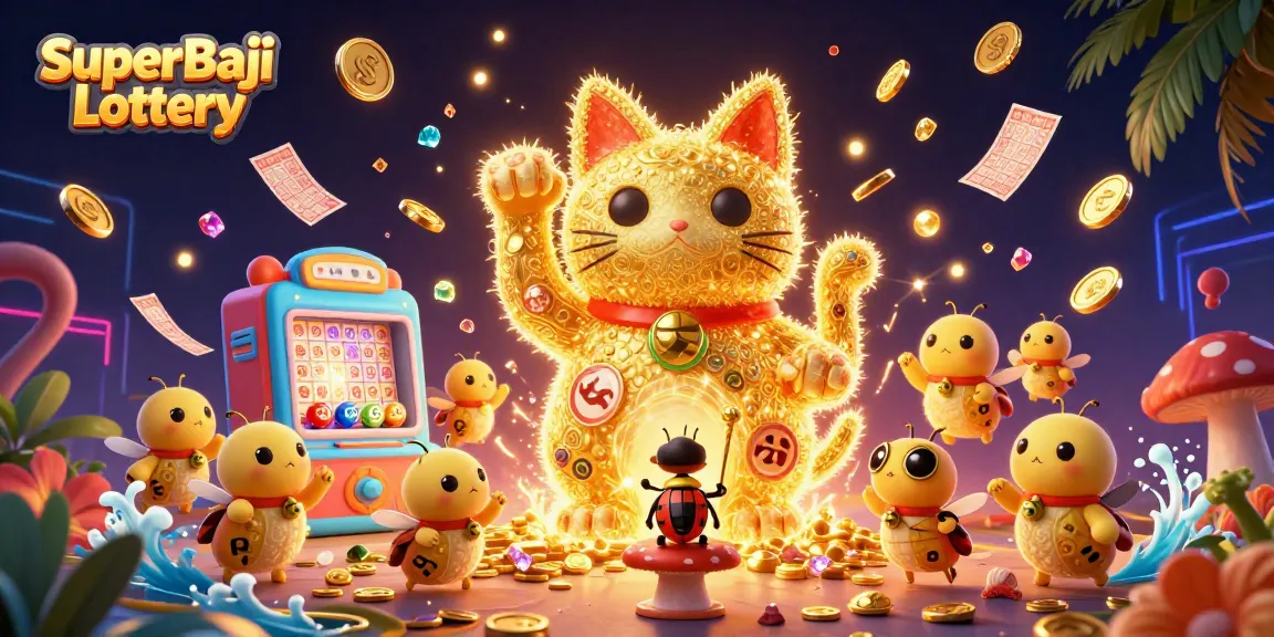 Experience the thrill of SuperBaji Lottery with a vibrant scene featuring colorful symbols, coins, and cheerful characters.