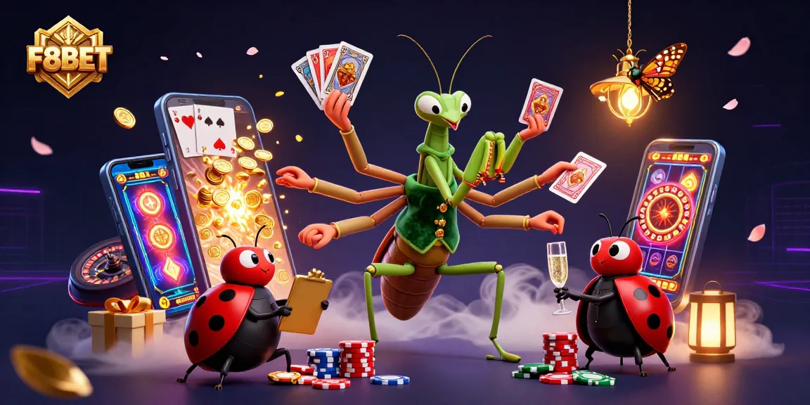 Experience F8BET with a vibrant 3D casino scene featuring a giant mantis dealer, lively game elements, and rich details.