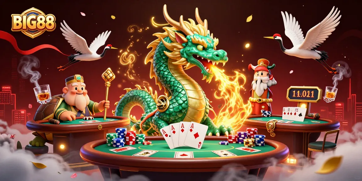 Big88 offers exhilarating casino action with a jade dragon and vibrant poker elements.