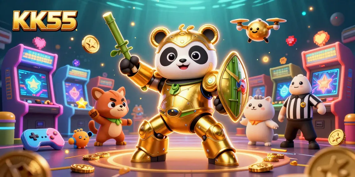 Experience thrilling gameplay at KK55 with a dazzling 3D casino scene of a panda piloting a golden robot.