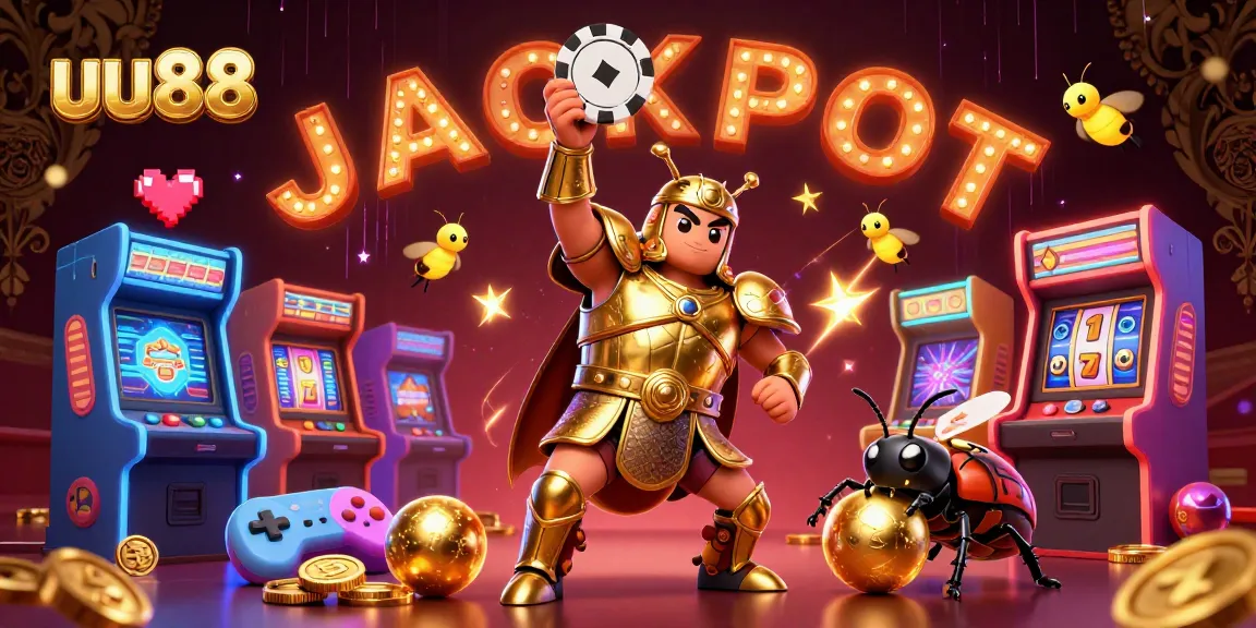 Win big at uu88 with a 3D illustration featuring a heroic beetle lifting a poker chip and dazzling casino game elements.