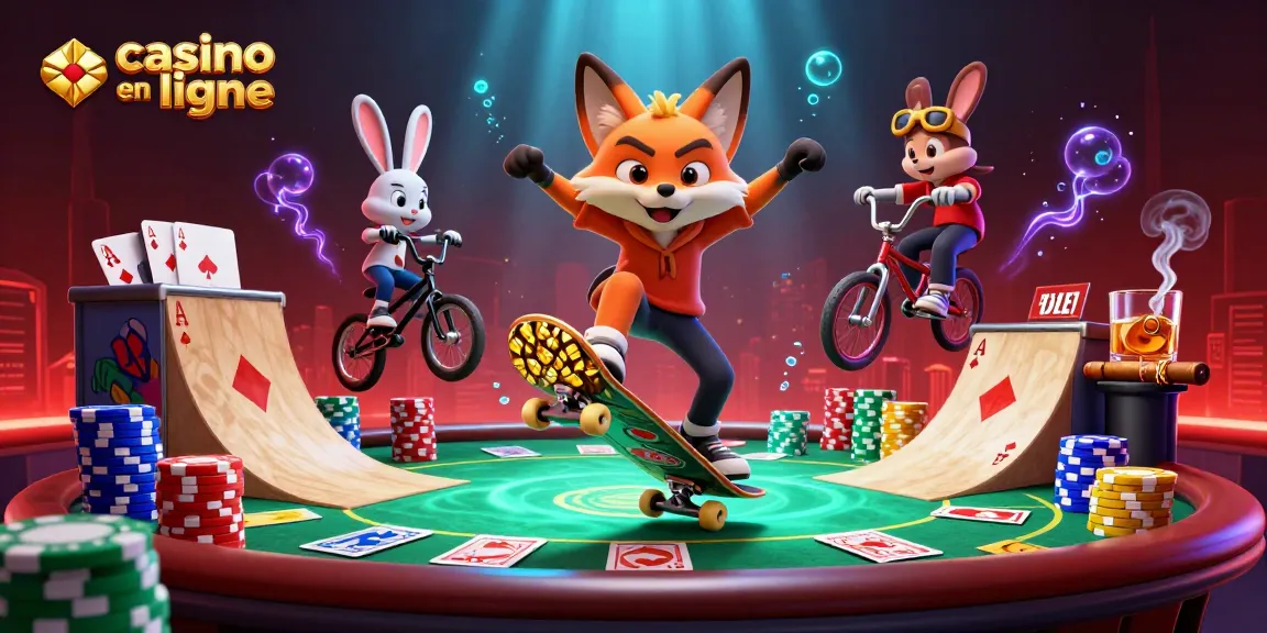 Une illustration dynamique de "casino en ligne" avec un renard faisant un kickflip sur des jetons de poker dorés.