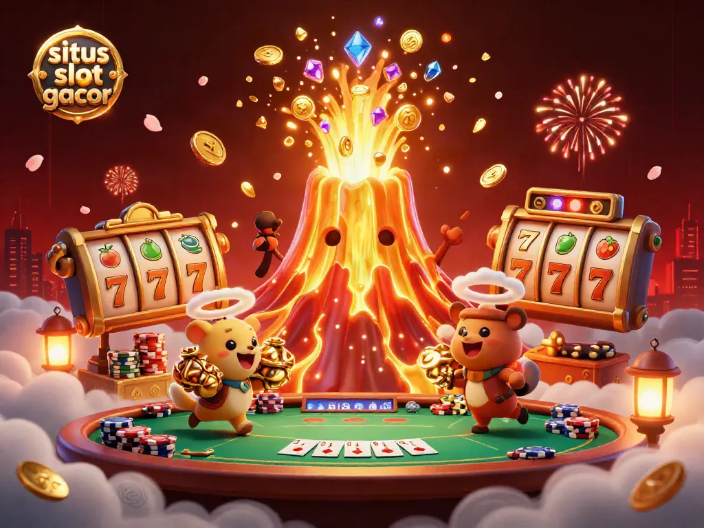 Experience exciting gameplay with situs slot gacor, featuring a golden volcano and slot reels amidst a treasure hunt.