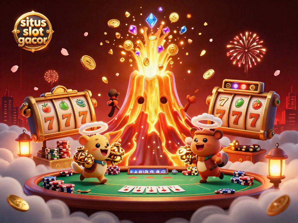 Experience exciting gameplay with situs slot gacor, featuring a golden volcano and slot reels amidst a treasure hunt.