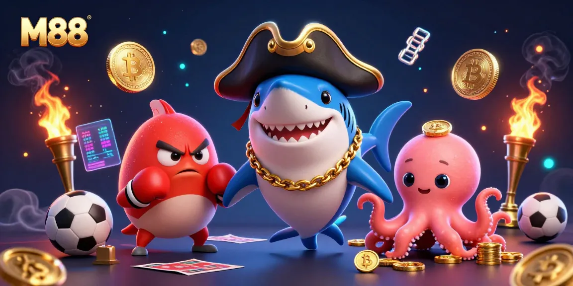 M88 showcases a vibrant scene with a pirate shark, pufferfish, and octopus betting on sports while surrounded by neon crypto coins.