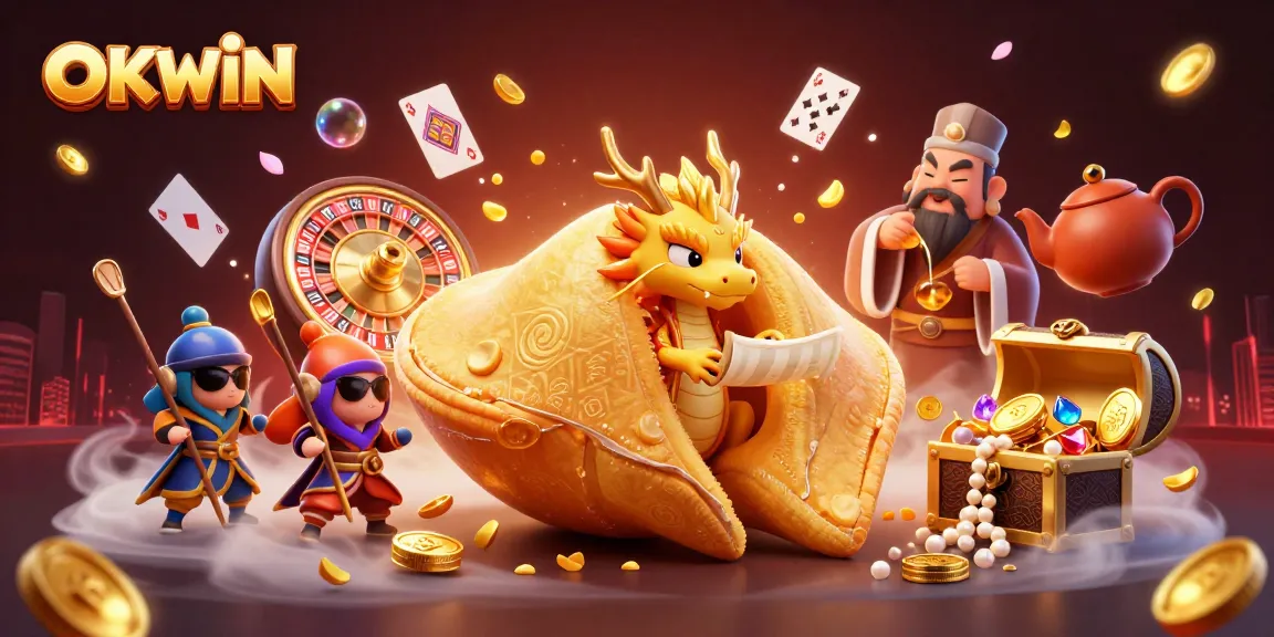 Engage with OKWIN's thrilling casino experience featuring a giant fortune cookie and dragon amidst vibrant gaming elements.
