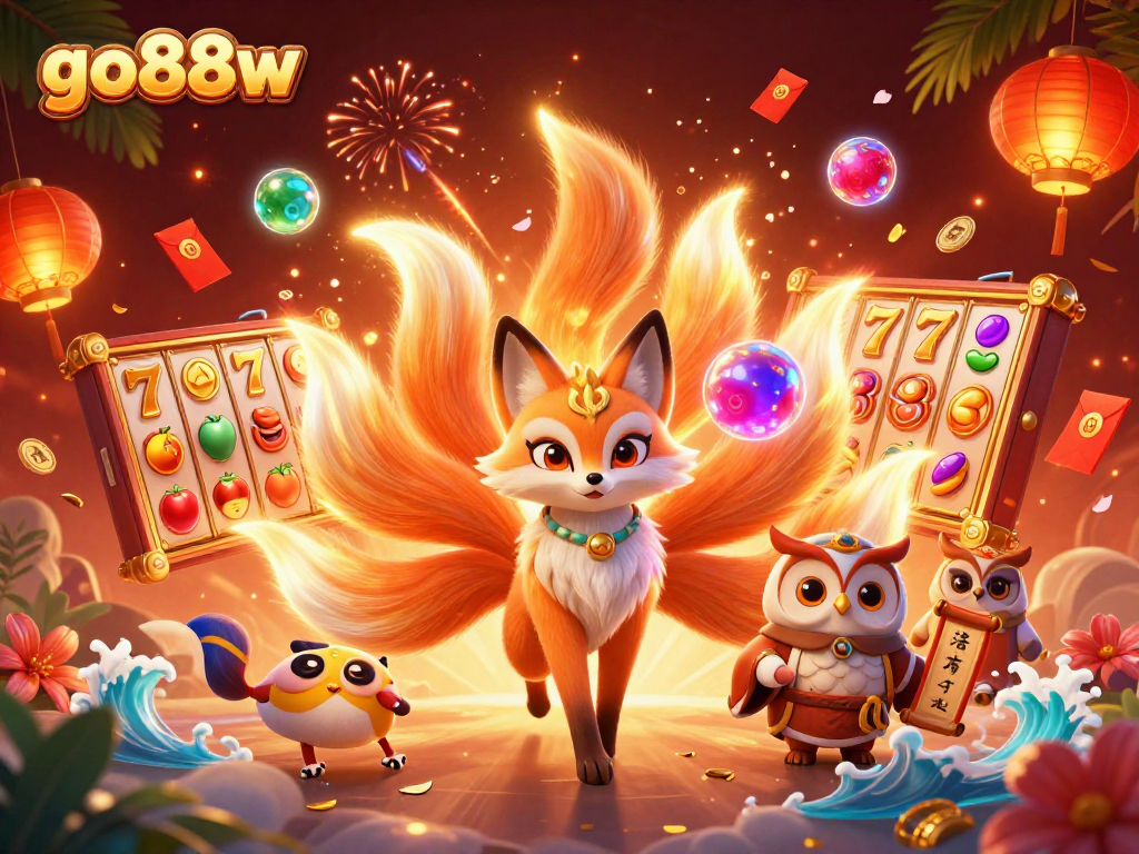 Experience exhilarating gameplay at go88w, featuring a vibrant 3D scene with magical characters and casino elements.