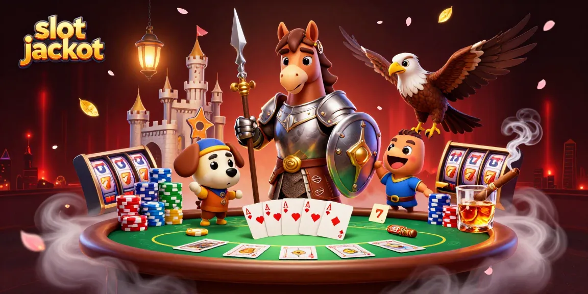 Spin to win big with slot jackpot as a knight, puppy, and falcon celebrate at the poker table.