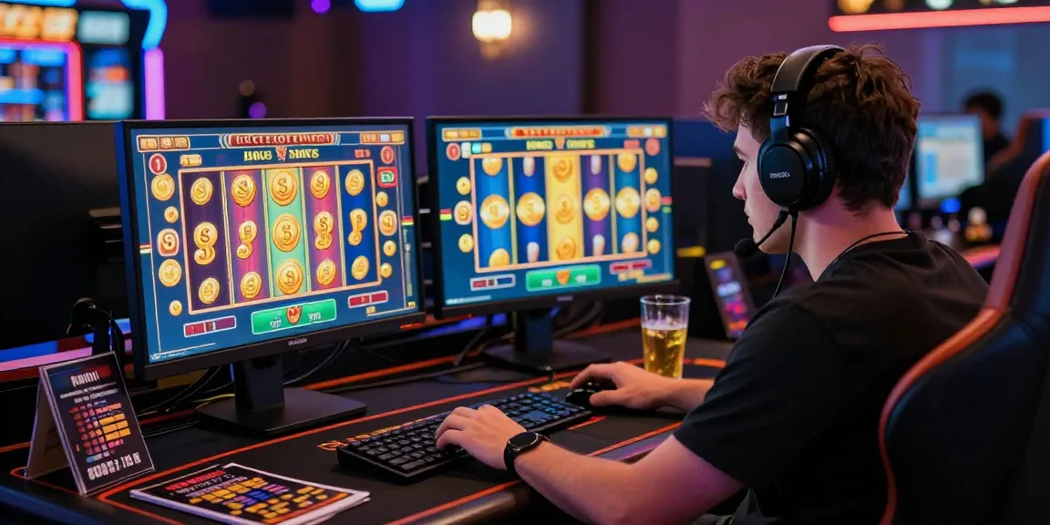 Player enjoying slot 777 game at stylish gaming desk, focused and engaged.