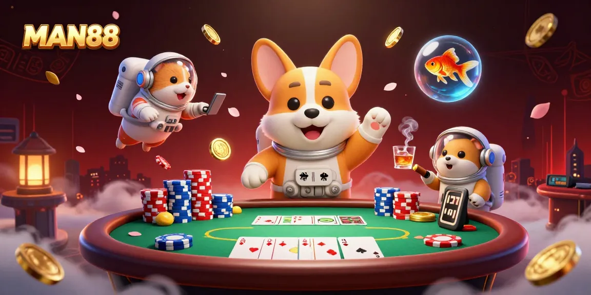Engage in thrilling games at MAN88 with a playful astronaut corgi in a space casino.
