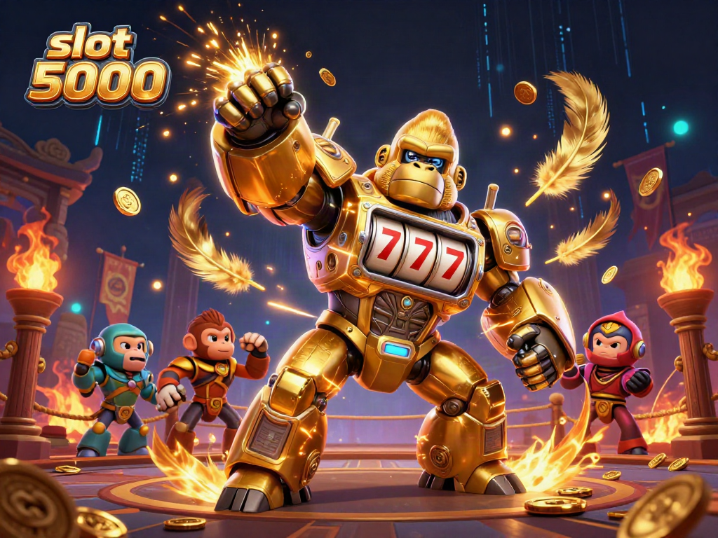 Experience the exhilarating slot 5000 action with a golden gorilla mech and thrilling gaming elements.