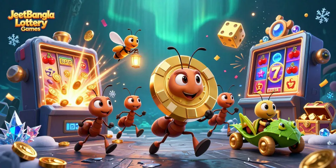 Experience excitement with JeetBangla Lottery Games as cartoon ants carry a massive poker chip amid dazzling casino elements.