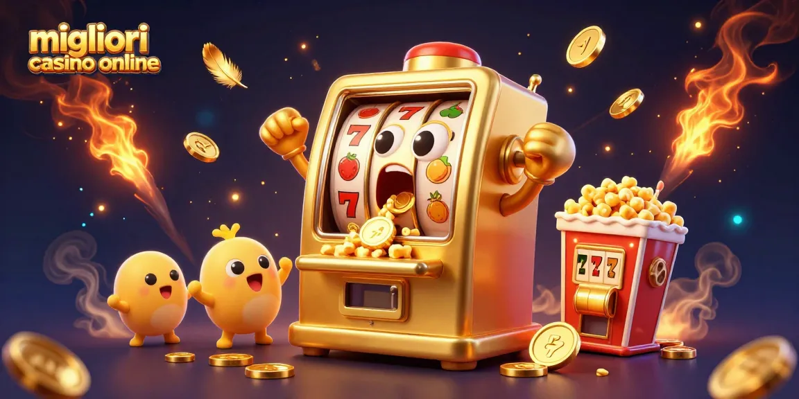 I migliori casino online presentano una slot machine d'oro che celebra un jackpot mentre i baby slot machine fanno il tifo.