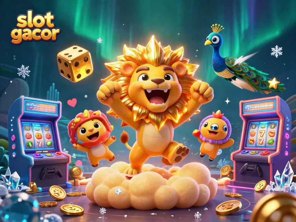 Experience the thrill of slot gacor with a vibrant illustration of a lion, dice, and retro gaming elements.