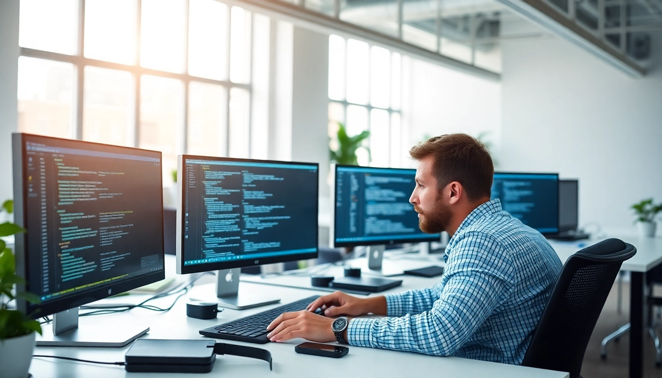 Hire Shopify developer collaborating in a bright workspace with coding tools and screens.