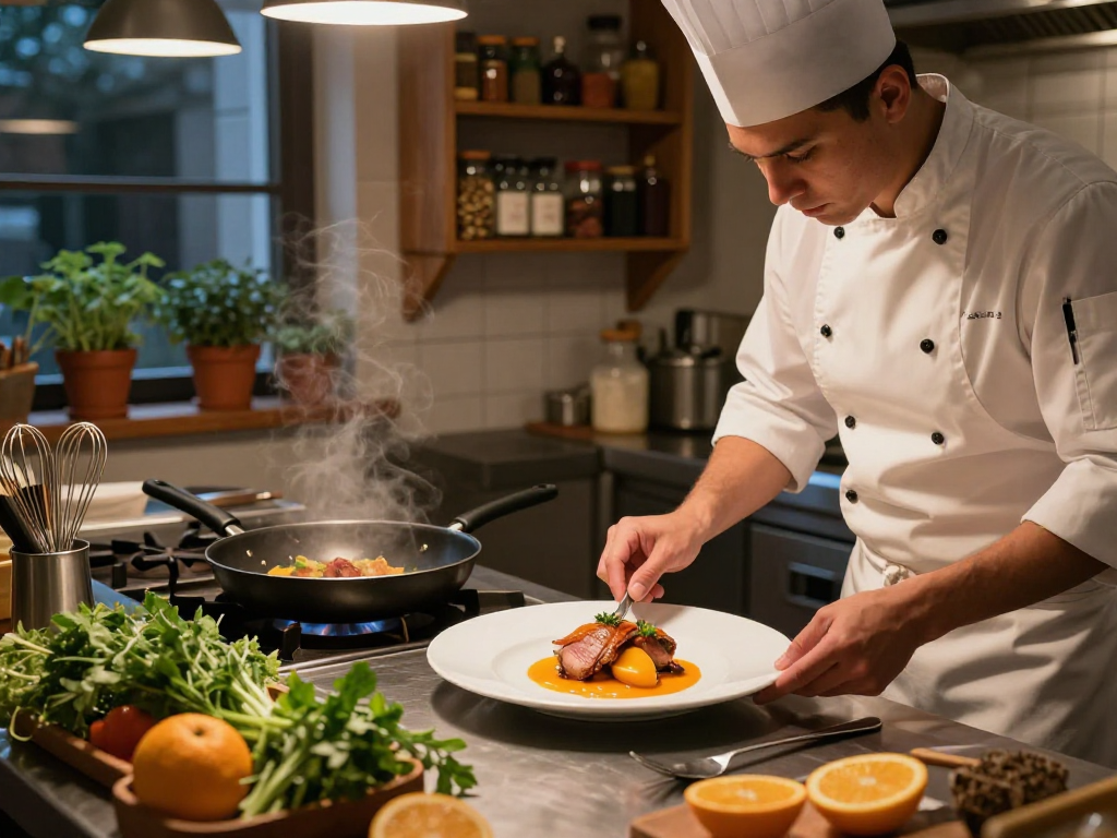 Best duck à l'orange near me: Chef plating gourmet duck dish with fresh herbs and vibrant sauce