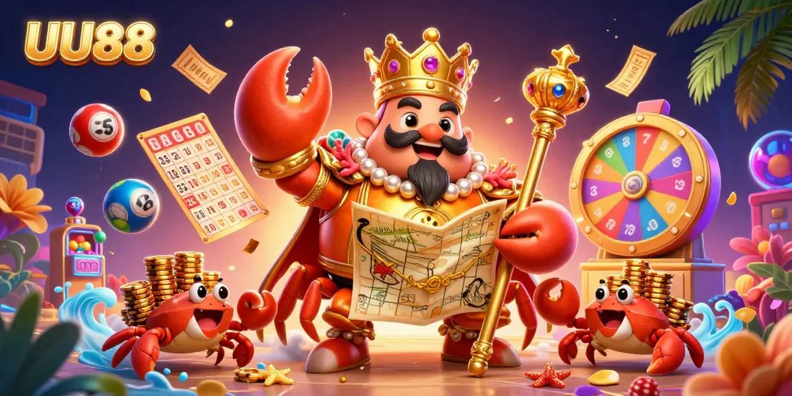 Engage with UU88's thrilling lottery scene featuring a golden crab emperor and vibrant game elements.