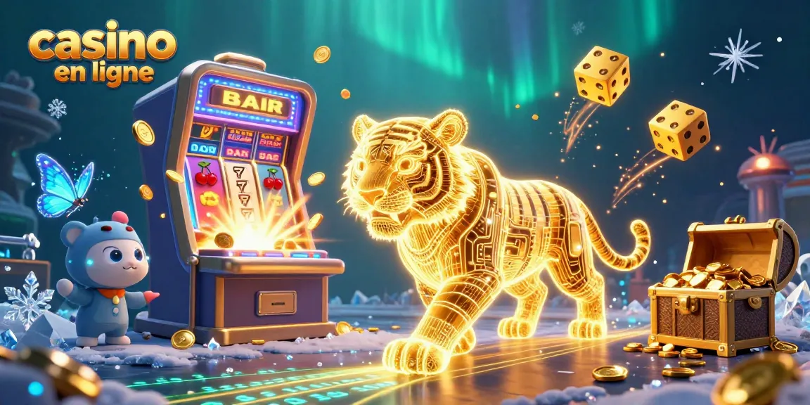 Jouez au casino en ligne avec cette illustration dynamique captivante, remplie d'éléments de jeux et de lumière.