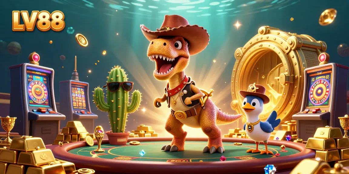 Experience winning thrills at LV88's vibrant casino scene featuring dynamic characters and treasures.