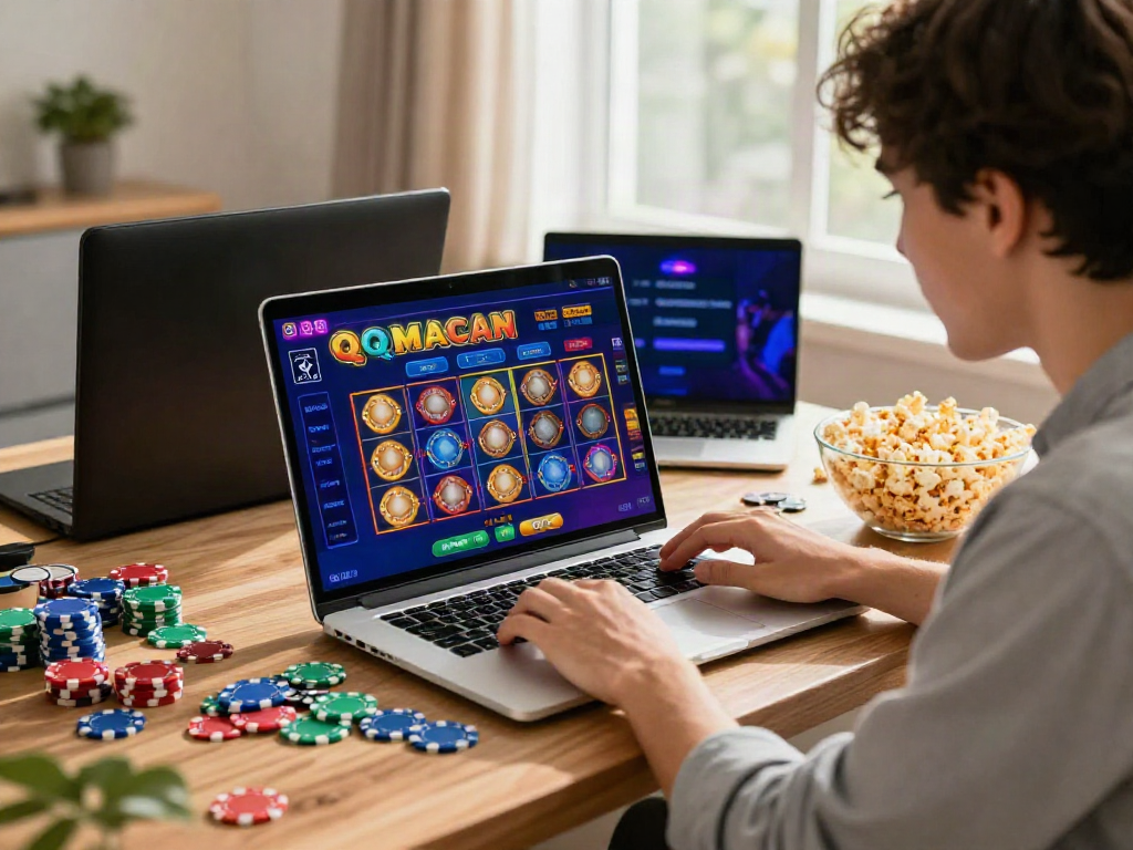 Excited player enjoying the qqmacan slot game on a laptop with vibrant colors and casino-themed elements around.
