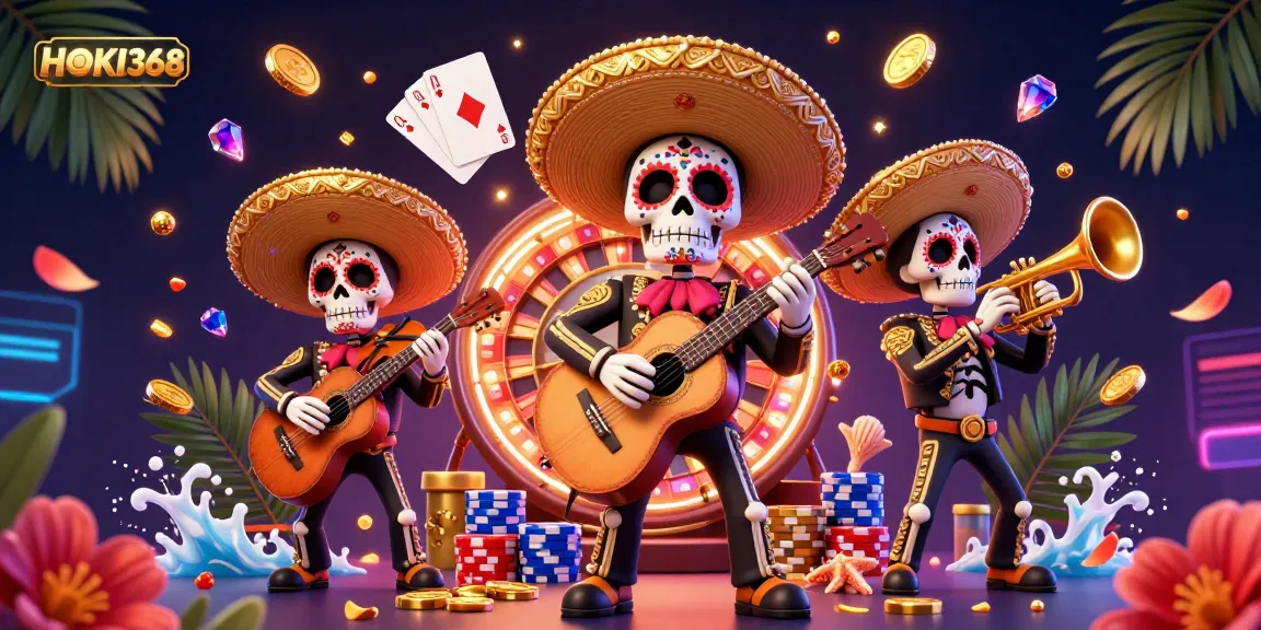 Win big with HOKI368 as vibrant skeleton musicians celebrate in a dazzling casino scene full of gold.
