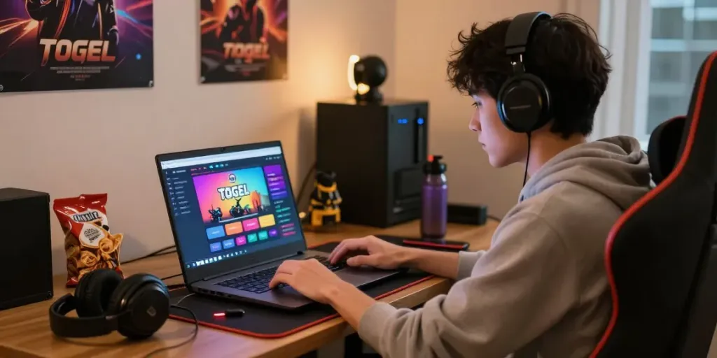 Engaged player using a laptop for togel online in a cozy gaming room.