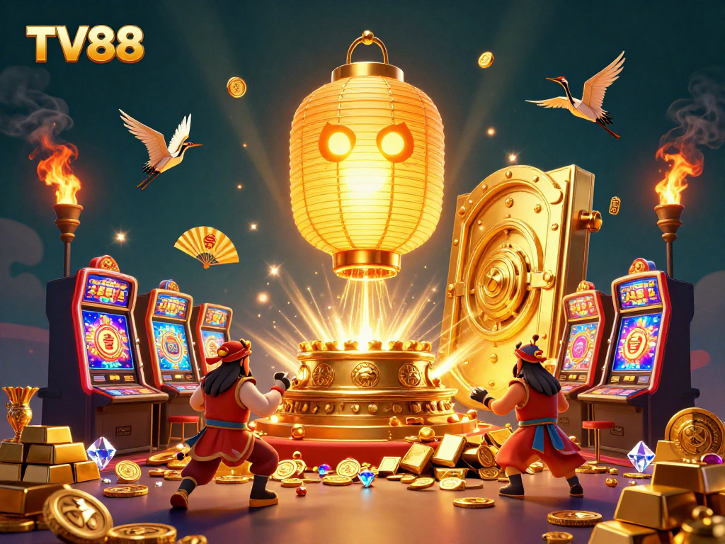 Experience the thrill of winning with TV88's vibrant casino scene showcasing golden treasures and lucky symbols.