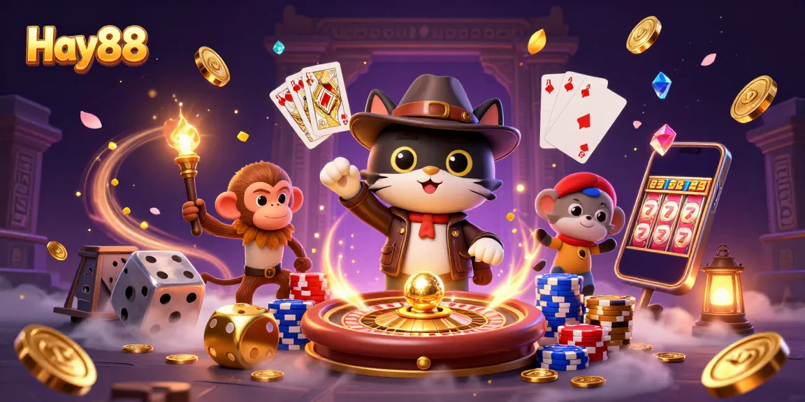 Experience Hay88's thrilling casino atmosphere with a cat archaeologist and monkey companion amidst dazzling game elements.