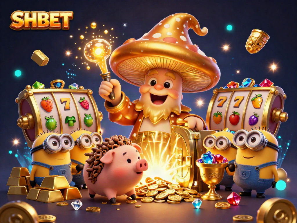 Engage with SHBET in this vibrant 3D casino scene featuring magical treasures and gaming elements.