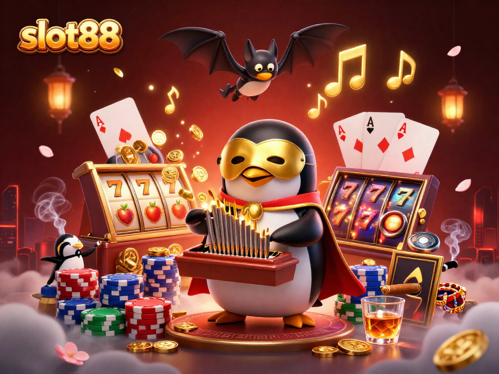 Experience the thrill of slot88 with a vibrant 3D casino scene featuring poker elements and golden winnings.