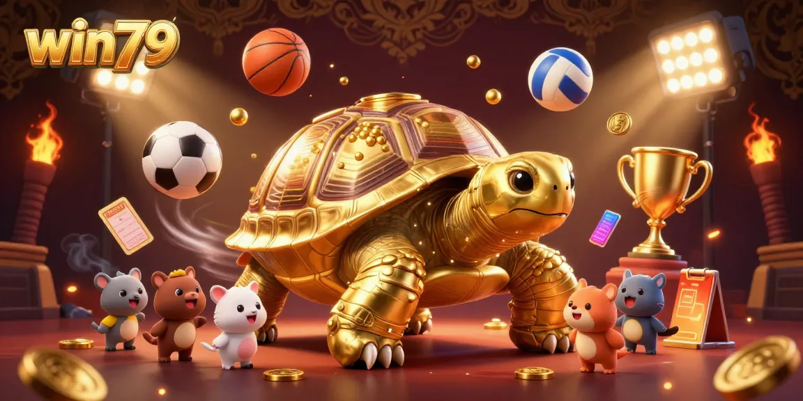 Engage with win79's thrilling gaming experience, featuring a golden tortoise pinball machine surrounded by exciting sports elements.