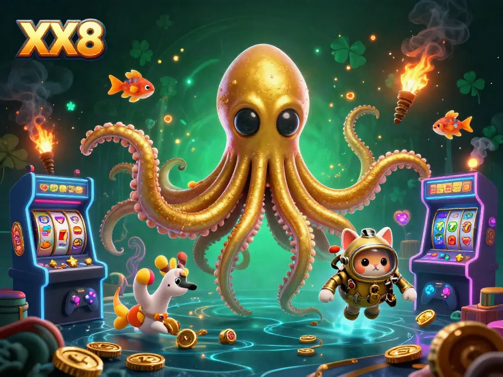 Play to win with XX8 in a vibrant casino adventure featuring a kraken and diving cat.