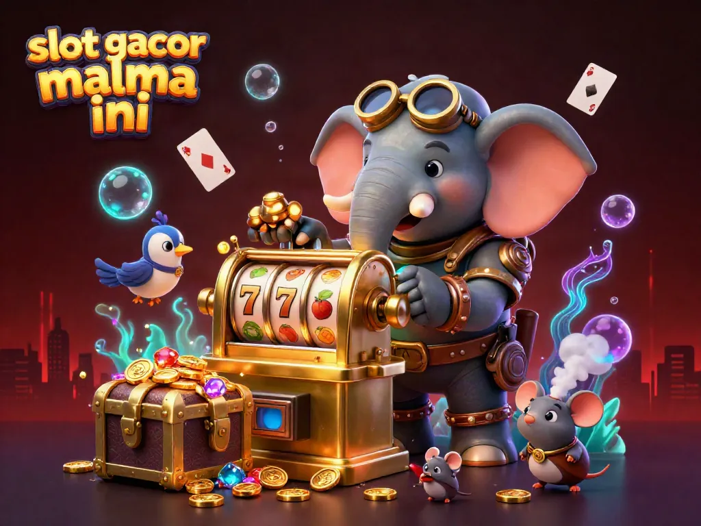 Experience excitement with slot gacor malma ini as the steampunk elephant operates a golden slot machine, surrounded by treasure.