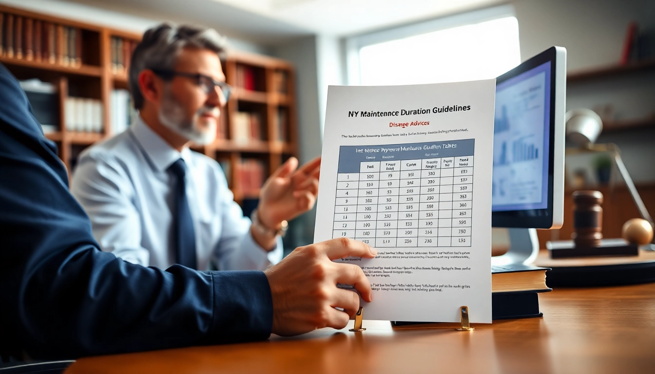 Reviewing the NY maintenance duration guidelines table with a legal expert in an office setting.