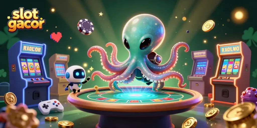 Enjoy slot gacor action with an alien octopus and robot at a holographic poker table.