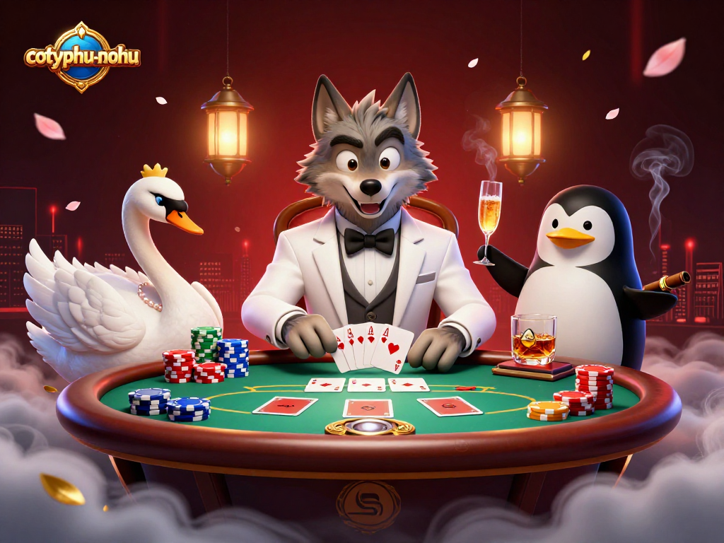 Cotyphu-nohu showcases a vibrant online gambling scene with characters at a baccarat table, emphasizing action and strategy.