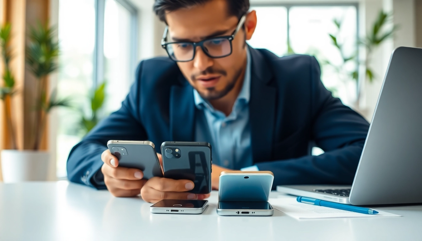 Efficient phone buyer Little Rock AR examining mobile devices in a professional office.