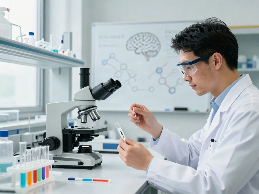 Cerebrolysin research in a modern lab, showcasing a scientist analyzing neuropeptides.