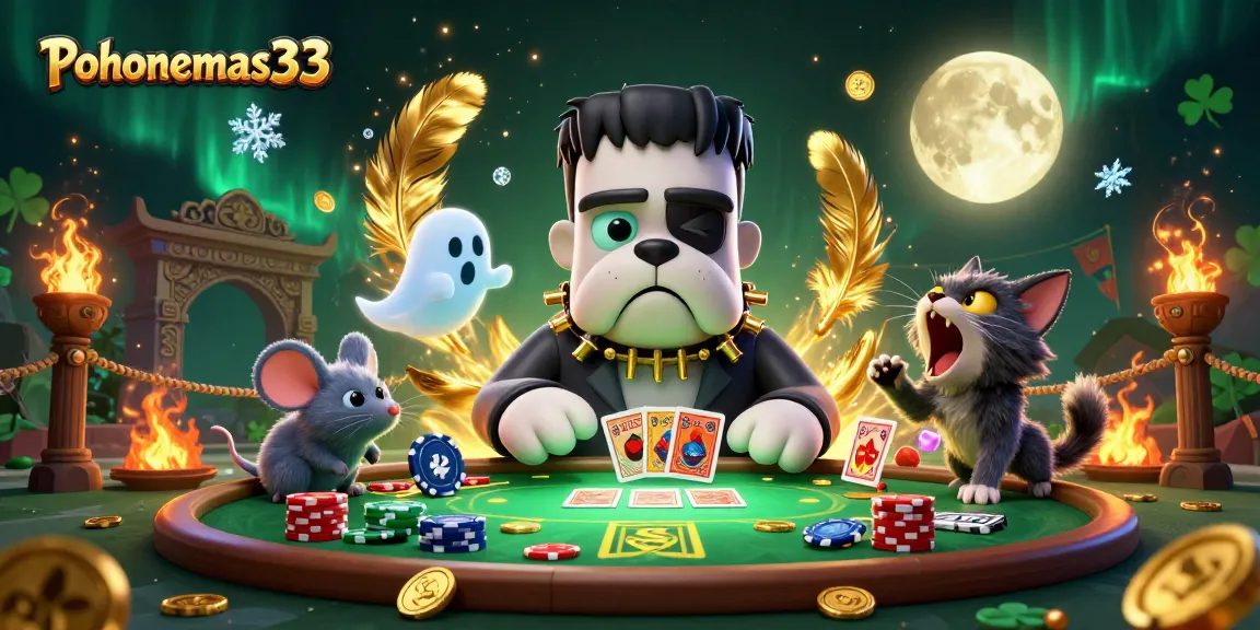 Pohonemas33 features a lively casino scene with a Frankenstein bulldog dealer and a ghostly mouse.