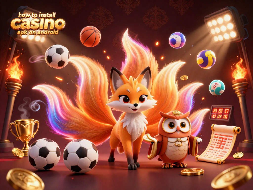 How to install casino apk on android: engaging illustration featuring a fox spirit and owl sage among dynamic sports elements.