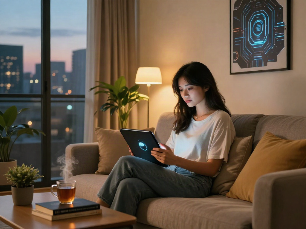 Woman enjoying girlfriend AI chatbot interaction in cozy urban apartment.