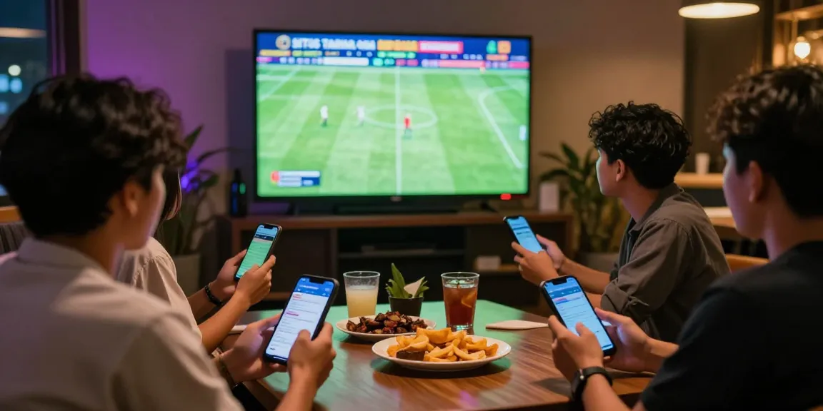 Situs Taruhan Bola Terpercaya experience with friends betting on live football match in a lively lounge.