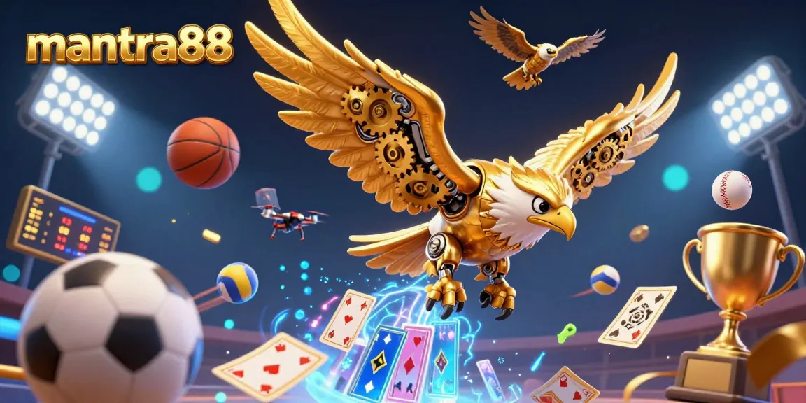 Experience vibrant winning at mantra88 with a cybernetic eagle soaring through holographic cards and sports elements.