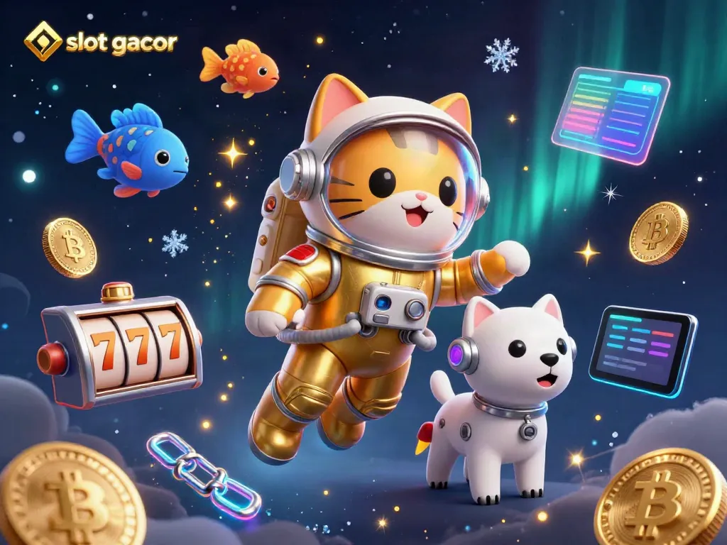 Experience high-stakes gaming with slot gacor in a vibrant 3D space-themed scene featuring animated characters and cryptocurrency elements.