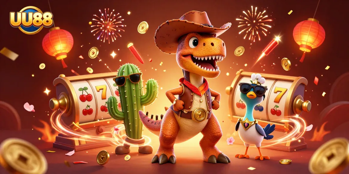Engage with thrilling slots at UU88 with a vibrant scene featuring a dinosaur, cactus, and bird, celebrating wins!